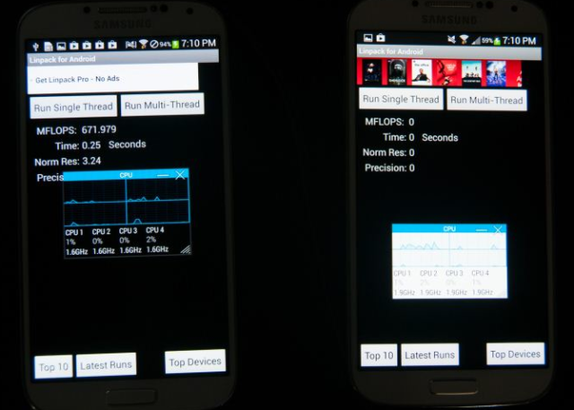 Linpack for Android: Exynos 5 Octa all cores 1.6 GHz (left), Snapdragon 600 all cores 1.9 GHz (right)