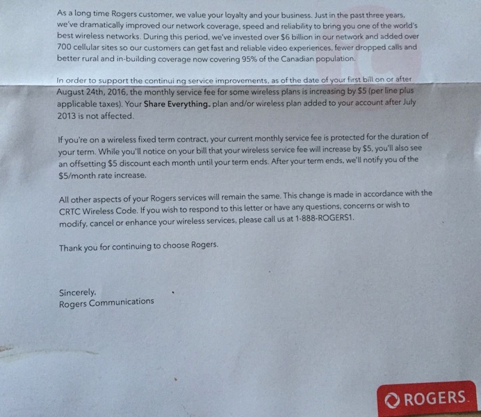 Rogers price increase