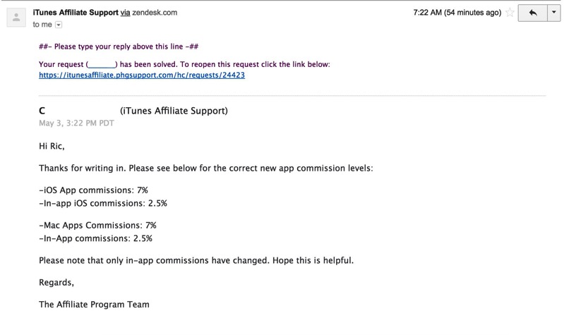 App affiliate commission change