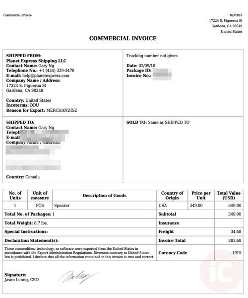 Planet express commercial invoice