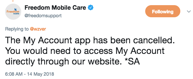 Freedom mobile app cancelled