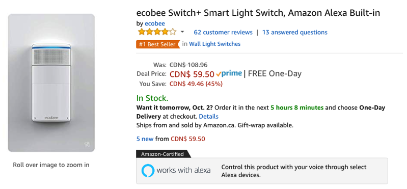 Ecobee switch+ smart light switch sale