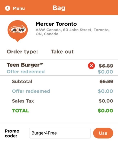A W coupon free teen burger