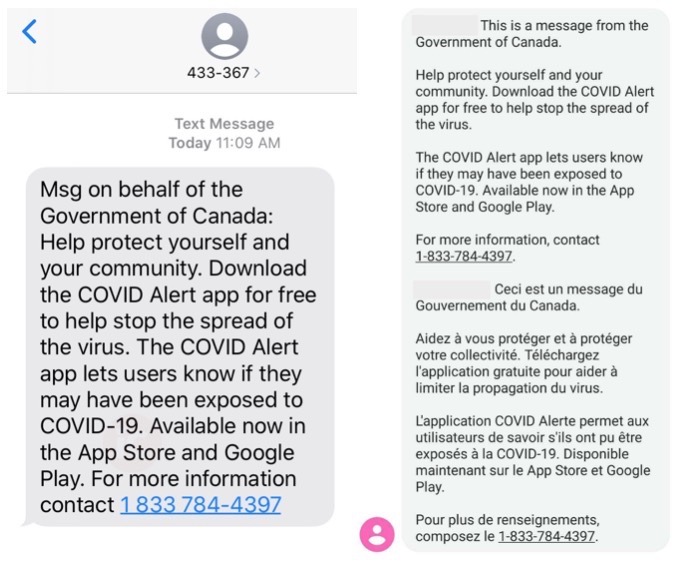 Government Of Canada Says Look For These Text Messages Asking You To Download Covid Alert Iphone In Canada Blog