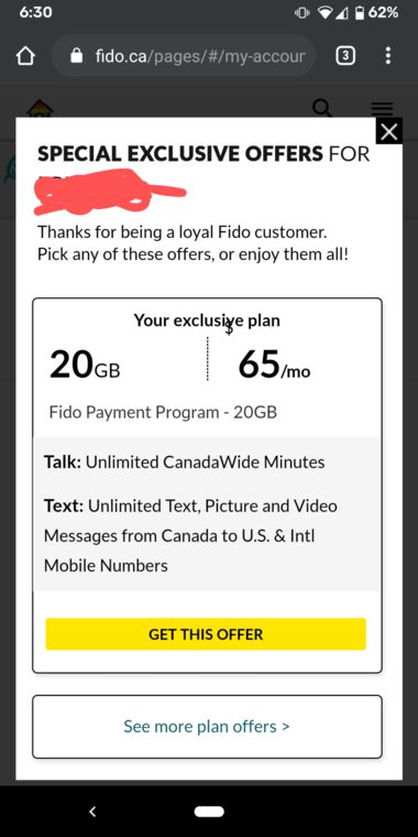 Fido targeted offer myaccount
