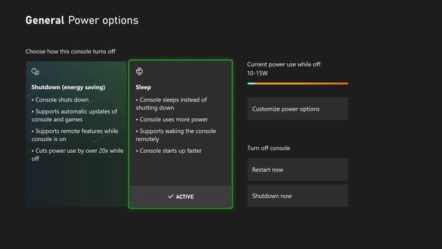 Xbox power options settings nov 2022