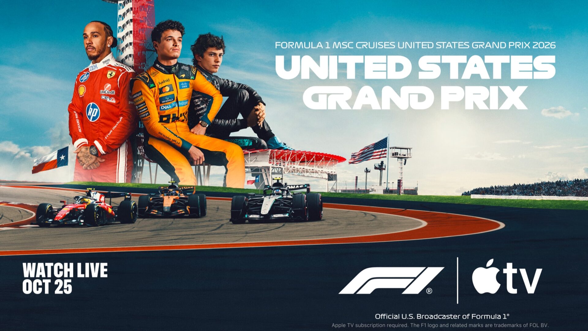 Apple-F1-United-States-Grand-Prix-2026-Apple-TV_bigjpglarge_2x | iPhone in Canada Promo poster for the United States Grand Prix showing three Formula 1 drivers posing on a platform with race cars on the track in the foreground.