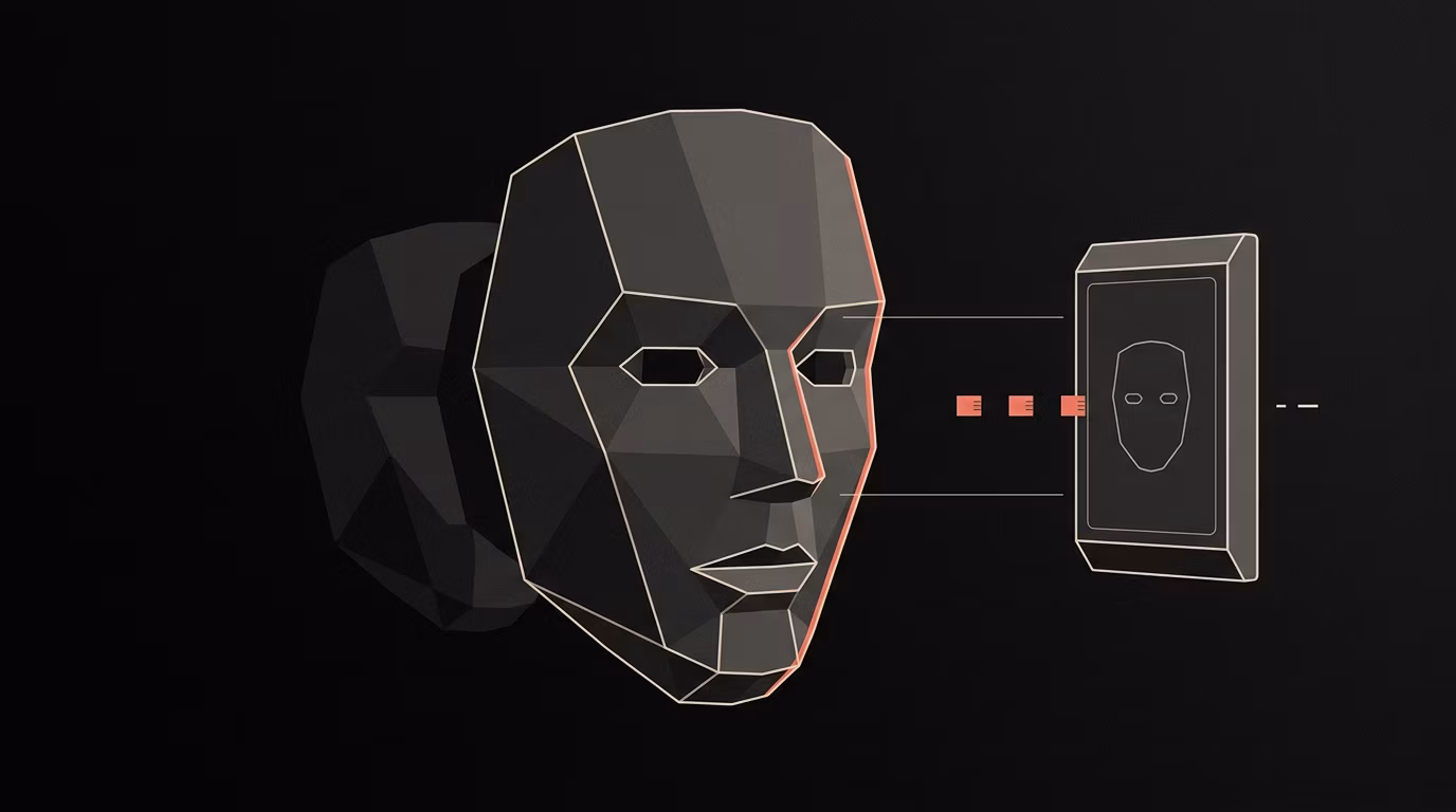 Low-poly geometric head facing a rectangular scanner, with data lines suggesting biometric facial recognition.
