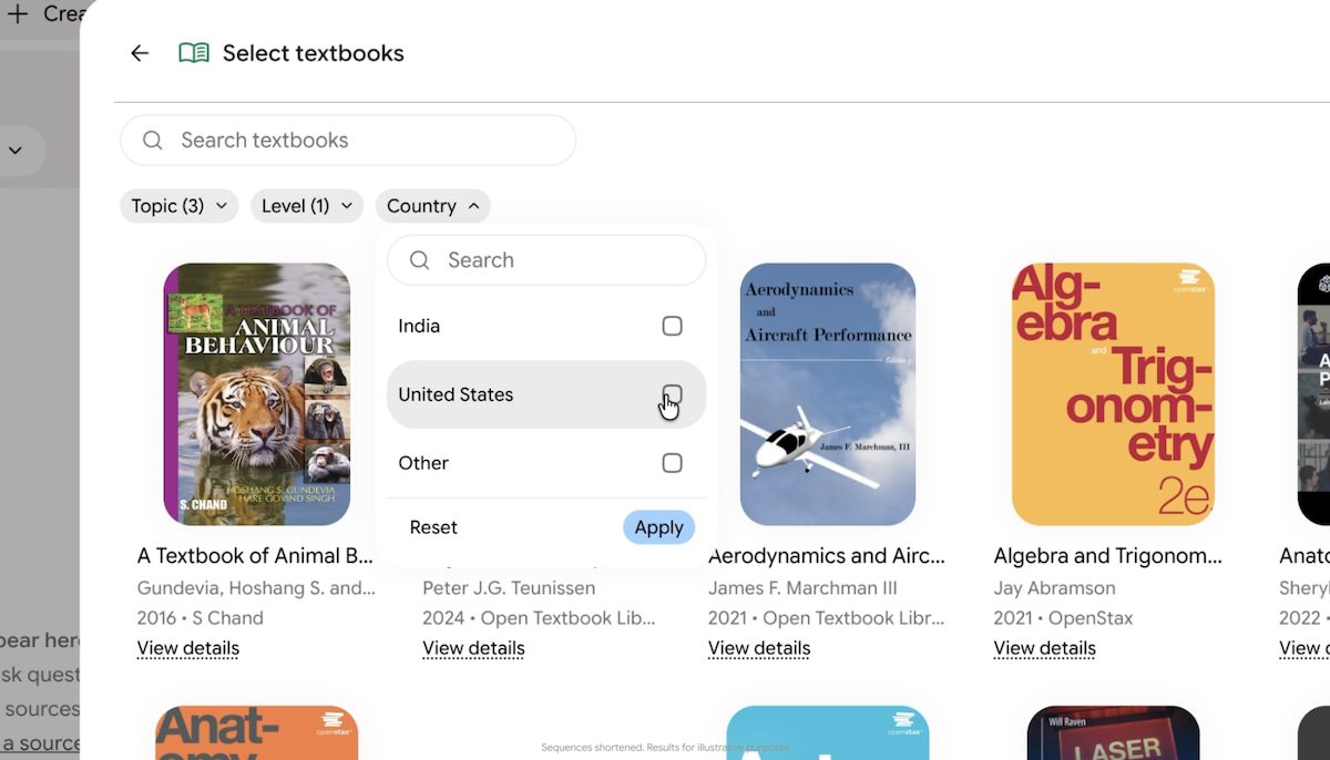Screenshot of a 'Select textbooks' gallery with search bar, filters, and book covers like A Textbook of Animal Behaviour; filter chips for Topic, Level, Country, and a 'View details' link for each book.