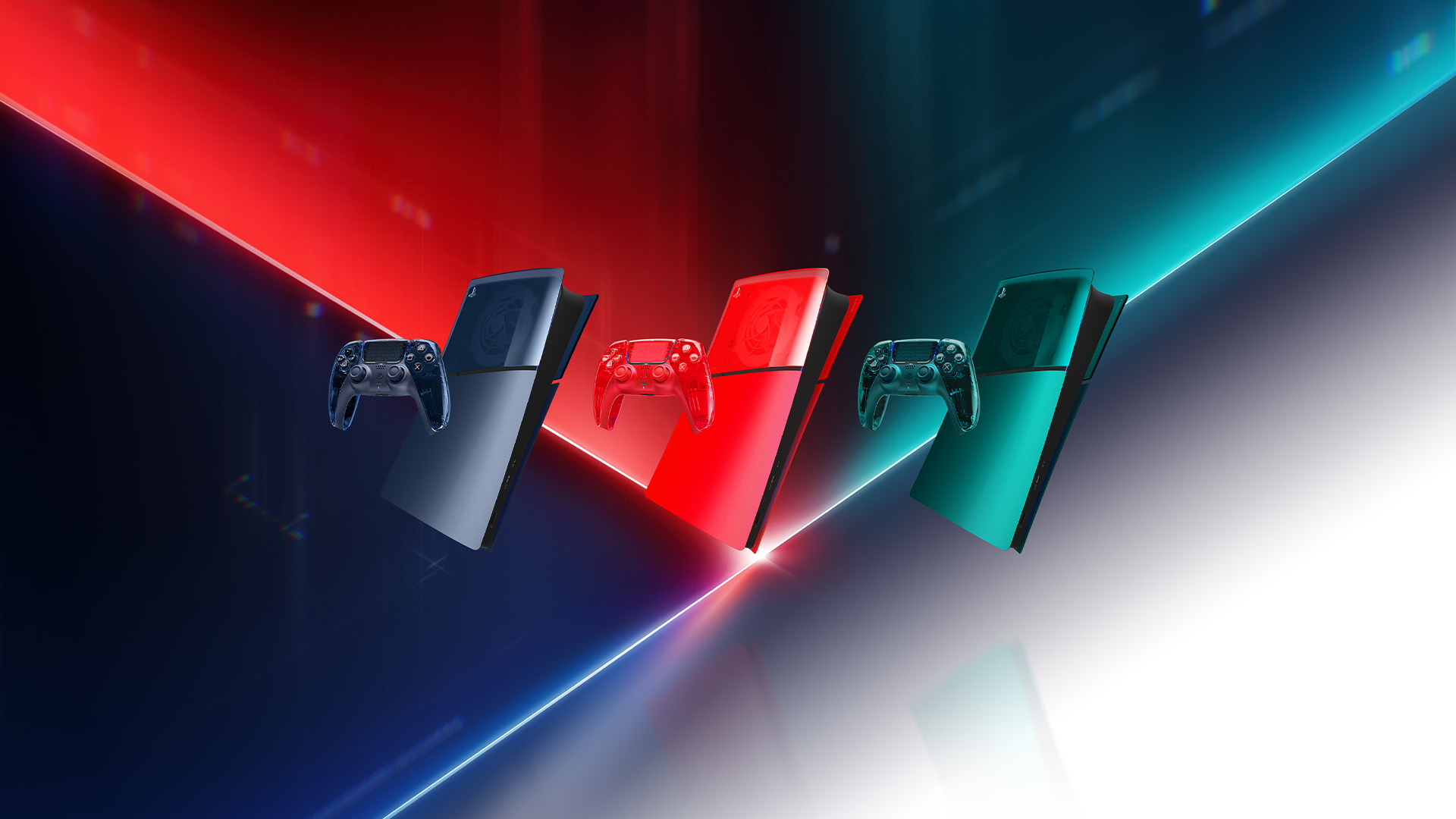 Three gaming consoles with matching wireless controllers in blue, red, and teal float against a neon red‑blue background.