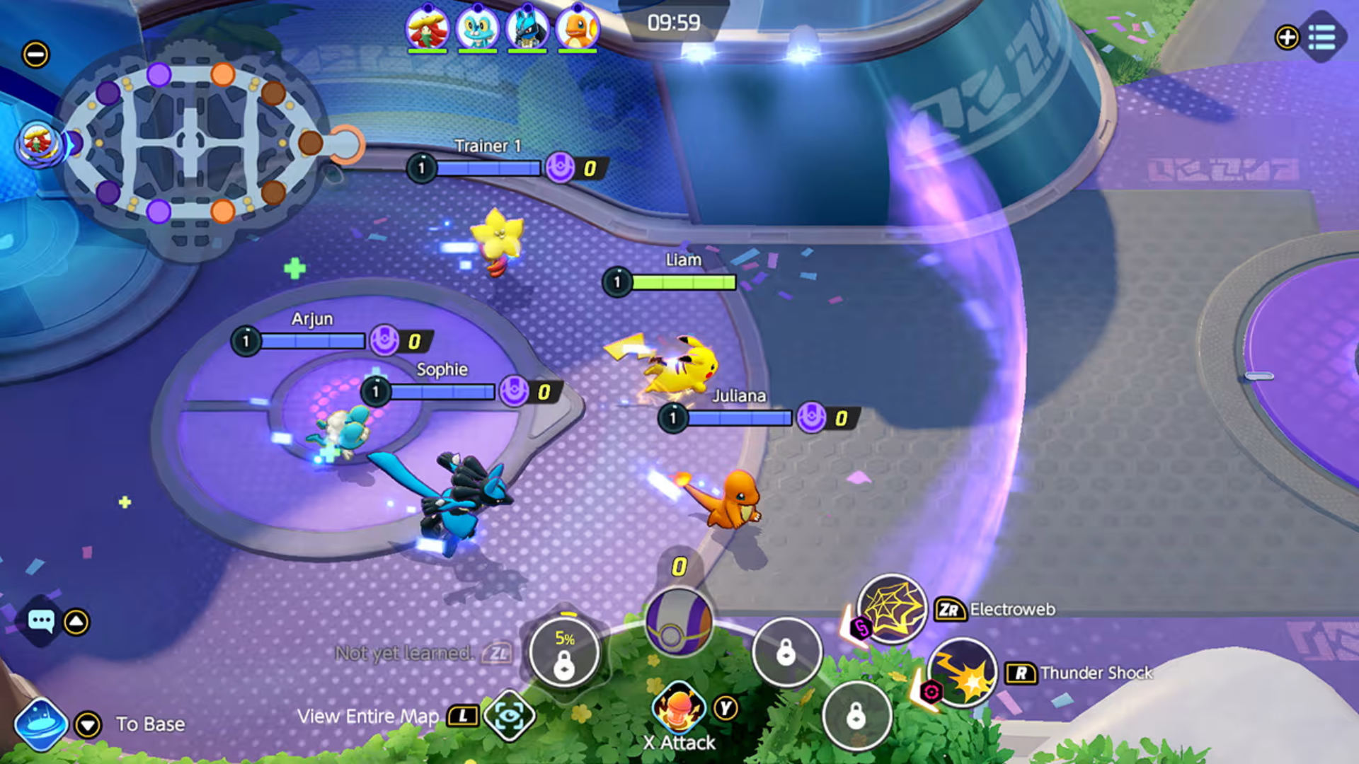Colorful MOBA-style battle taking place on a circular arena with multiple players and health bars above their heads, neon-purple accents everywhere.