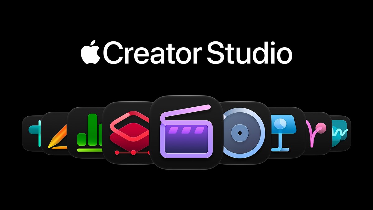 Black background with white 'Apple Creator Studio' logo and a row of colorful app icons below.
