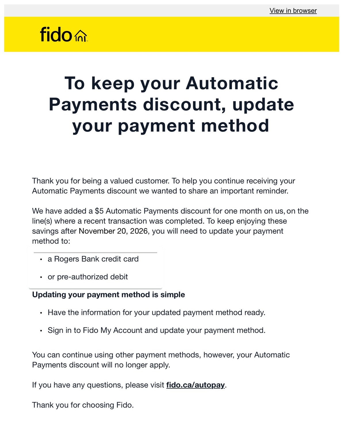 Fido Automatic Payments discount notice shared on Reddit