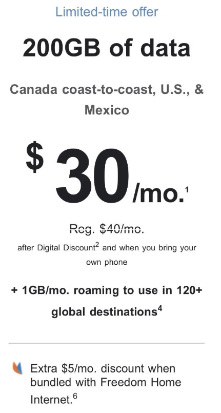 Freedom Mobile $30 200GB winback offer