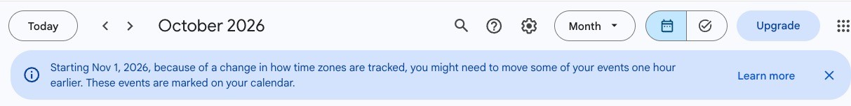 Google Calendar banner warning B.C. users to move some events one hour earlier
