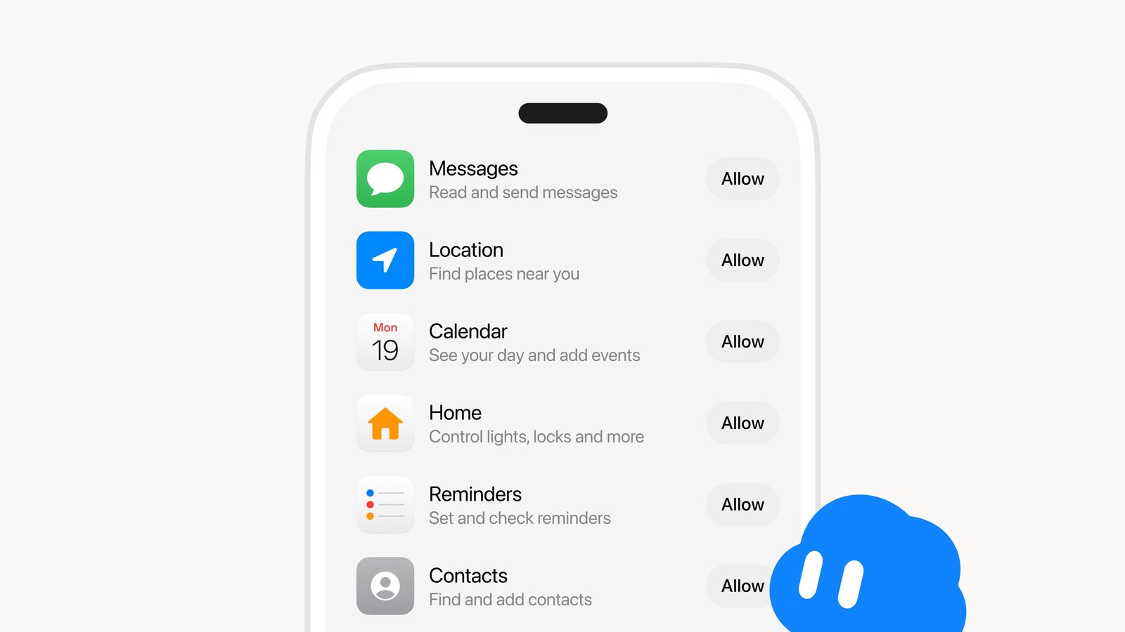 Grok Bot phone app permissions screen showing Allow buttons for Messages, Location, Calendar, Home, Reminders and Contacts