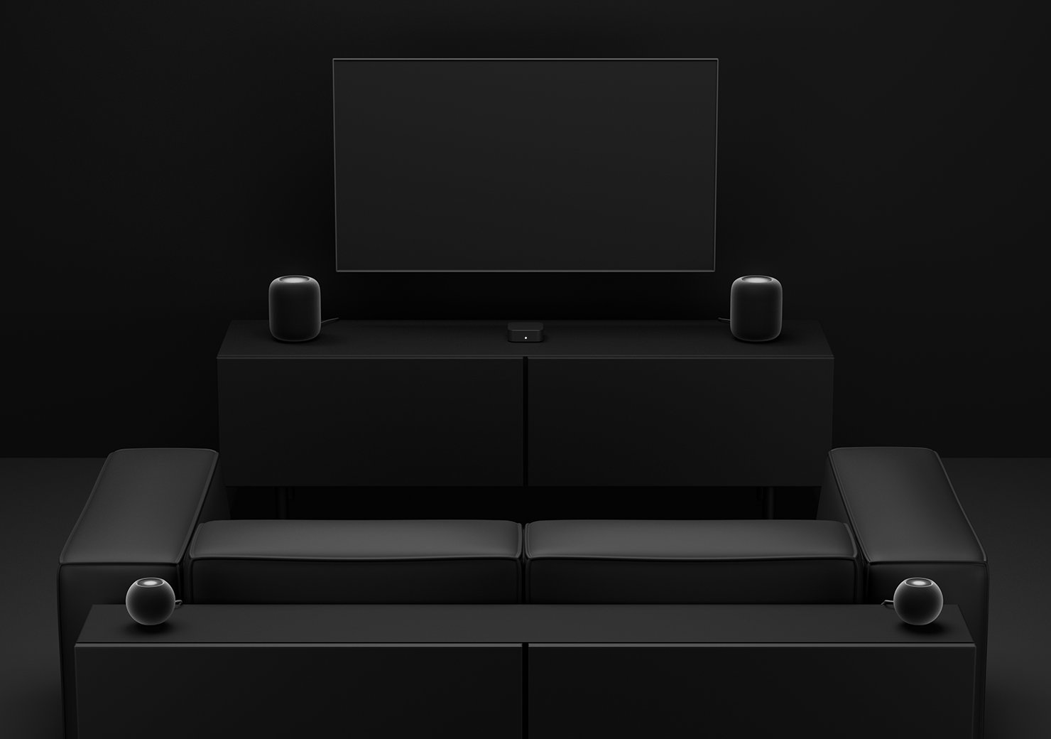 homepod-2-front-homepod-mini-2-rear-surround-apple-tv-4k | iPhone in Canada Two HomePod speakers in front and two HomePod mini 2 speakers in the rear with Apple TV 4K