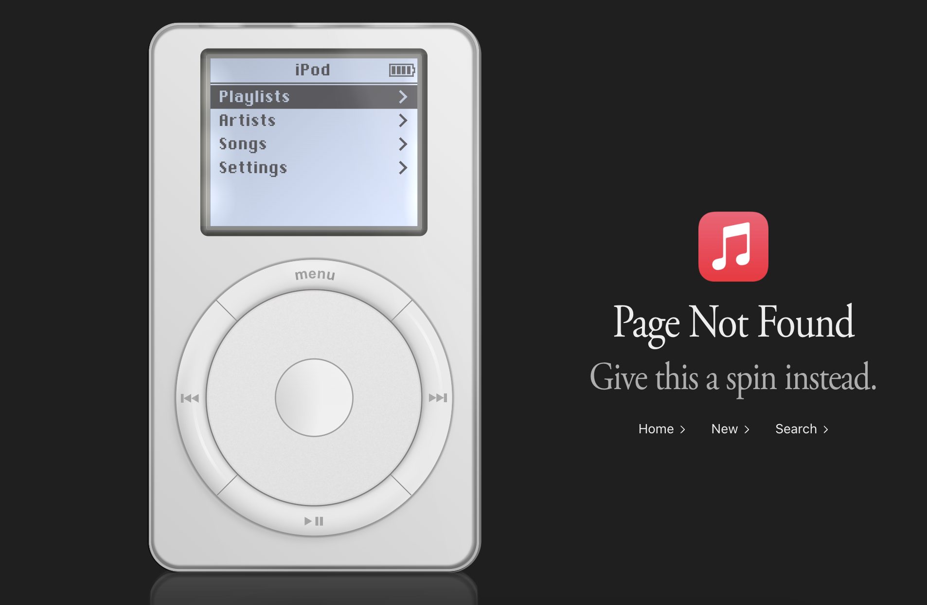 iPod device displaying a menu with Playlists, Artists, Songs, Settings; page shows 'Page Not Found' message on right side.