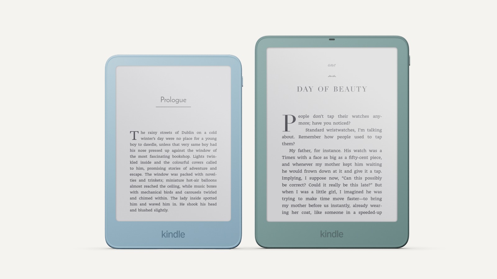 Two Kindle e-readers showing book pages