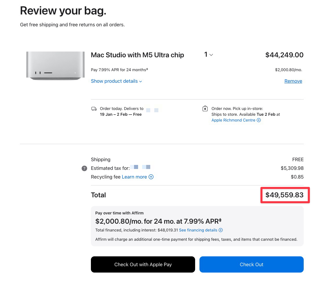 Mac Studio with M5 Ultra in Apple Canada bag at $44,249