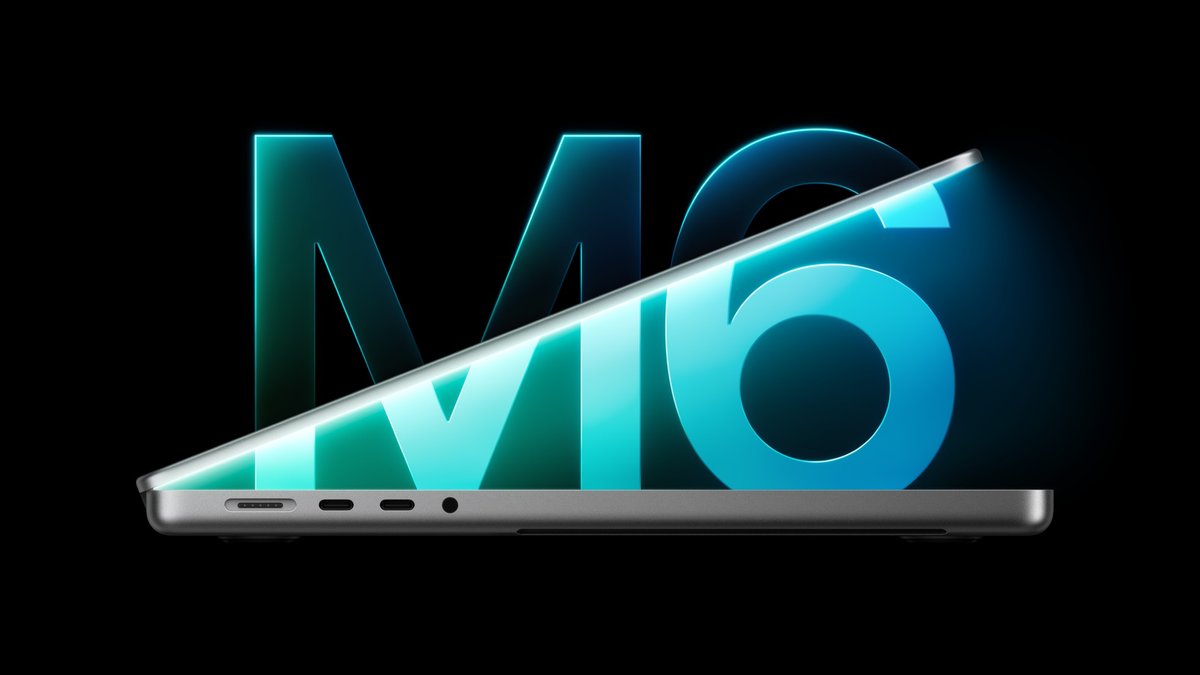macbook-pro-14-inch-m6-space-black-silver | iPhone in Canada Apple's new 14-inch MacBook Pro with M6, opened partway in front of a glowing M6 logo