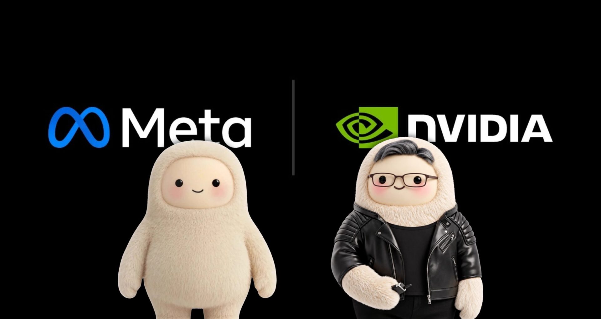 meta_and_nvidia | iPhone in Canada Two cute mascots stand in front of a black background with Meta (left) and NVIDIA (right) logos, suggesting a collaboration.