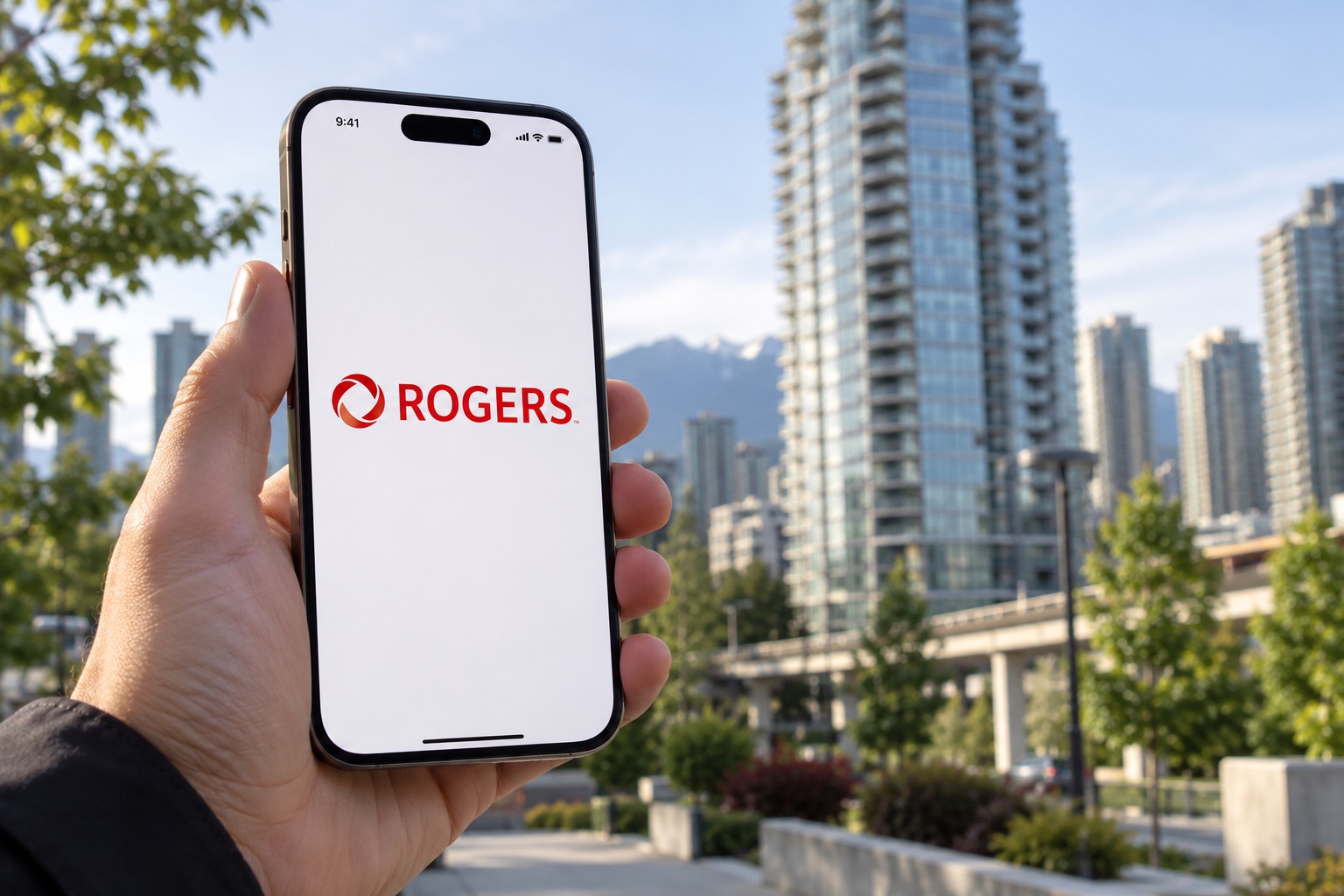 rogers-concord-pacific-condo-internet | iPhone in Canada Hand holding a smartphone showing the Rogers logo in front of Vancouver-area condo towers