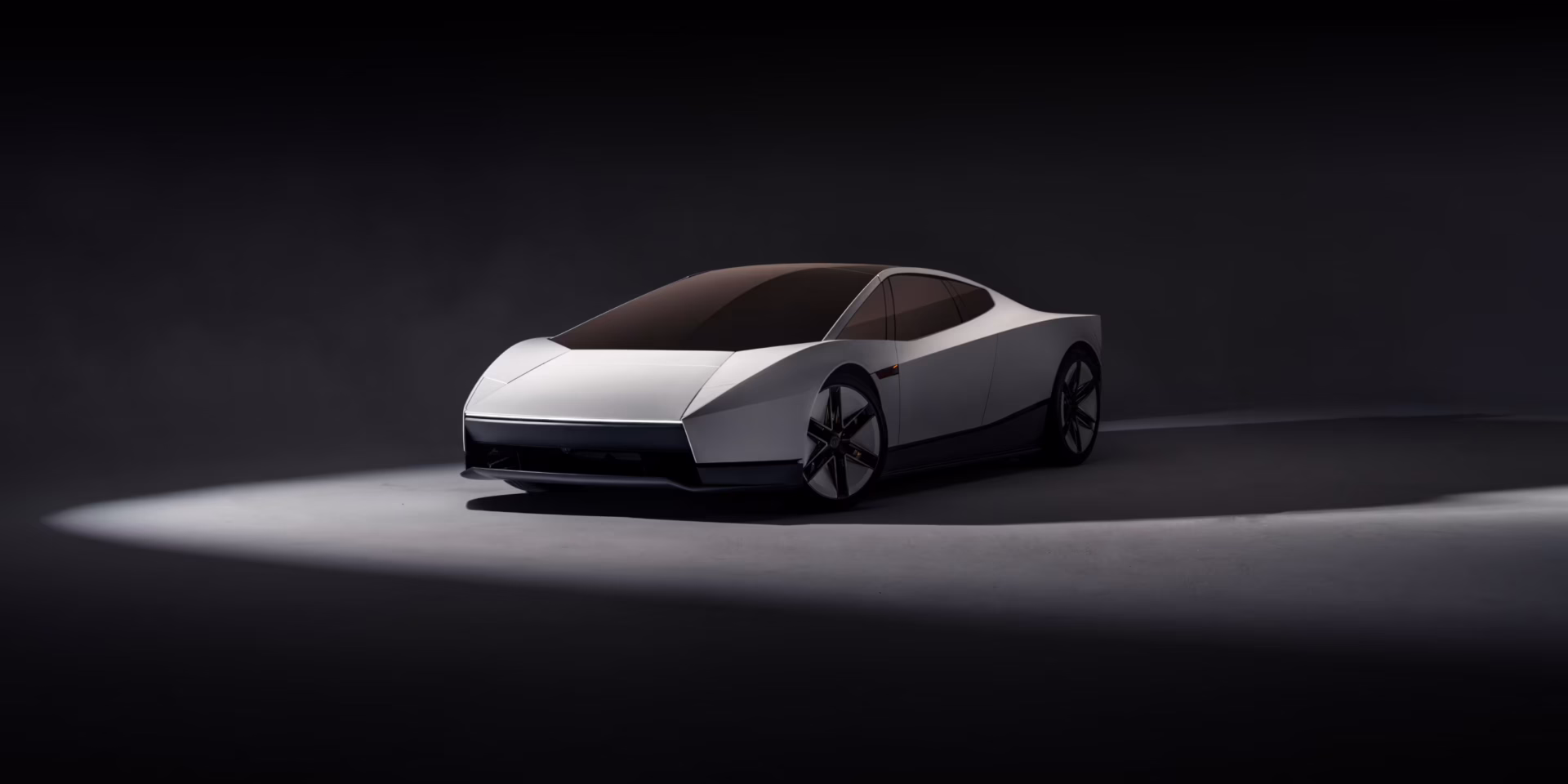 tesla roadster 2026-1 | iPhone in Canada White futuristic concept car in a dark studio under a spotlight, showcasing angular lines and large alloy wheels
