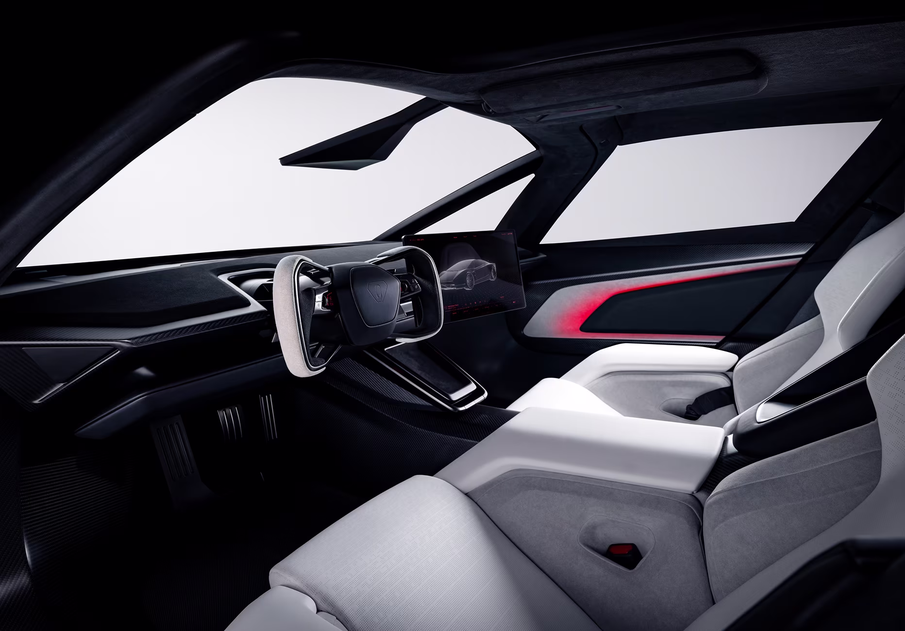 tesla roadster 2026-4 | iPhone in Canada Interior of a futuristic car: minimalist cockpit with a flat steering yoke, large central display, and carbon fiber trim.