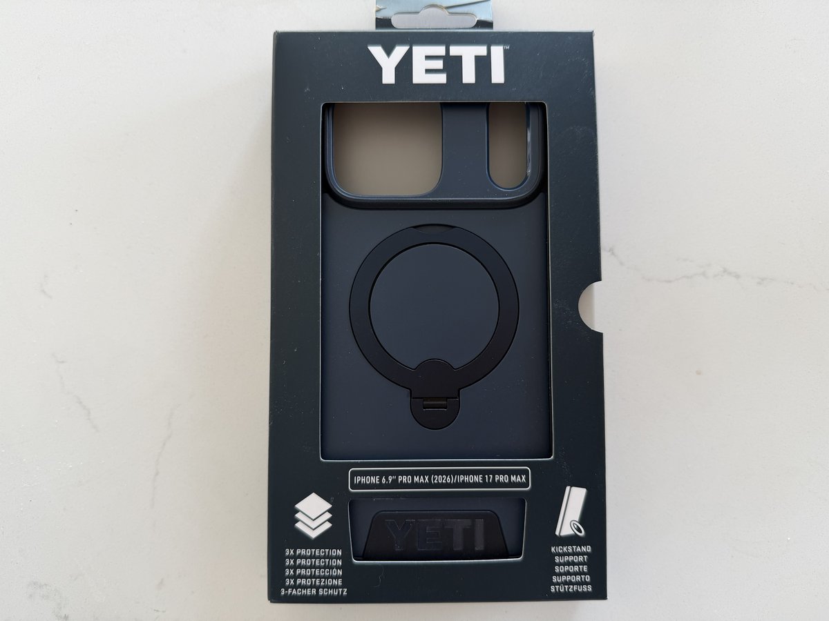 YETI LoadOut Phone Case retail box for iPhone 6.9-inch Pro Max 2026 and iPhone 17 Pro Max, showing 3X protection and kickstand icons